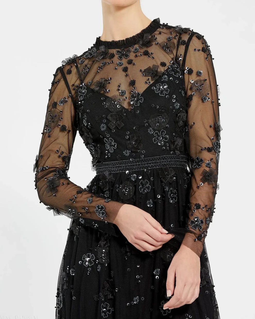 Mac Duggal 9140 Sheer Long Sleeve Embellished Mini Dress