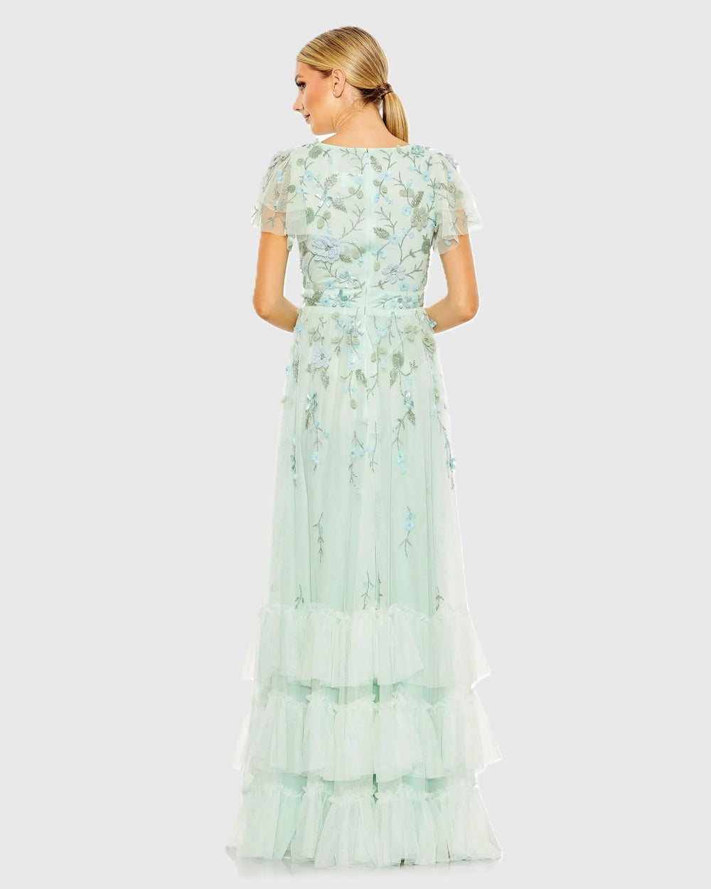 Mac Duggal 9189 Ruffle Tiered Embellished Faux Wrap Flutter Sleeve Gown