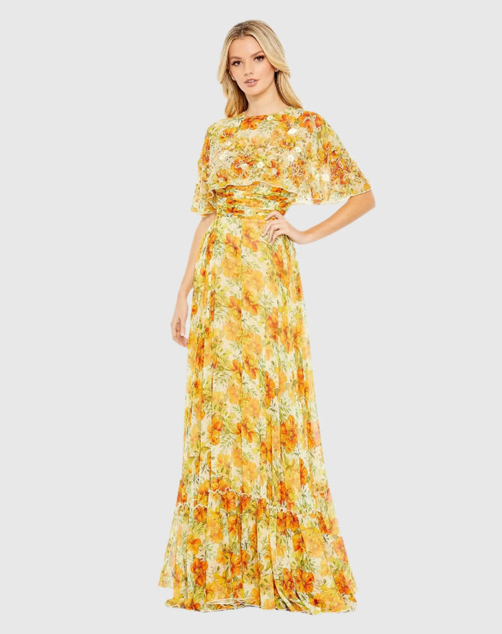 Mac Duggal 9201 High Neck A-Line Floral Gown with Cape Sleeves
