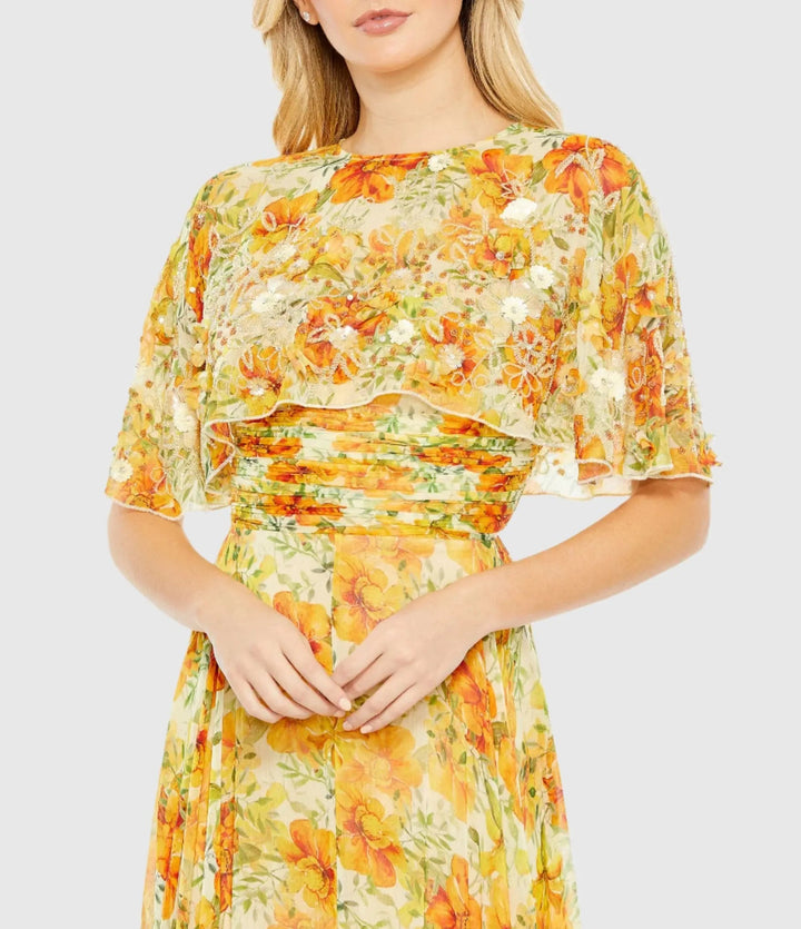Mac Duggal 9201 High Neck A-Line Floral Gown with Cape Sleeves