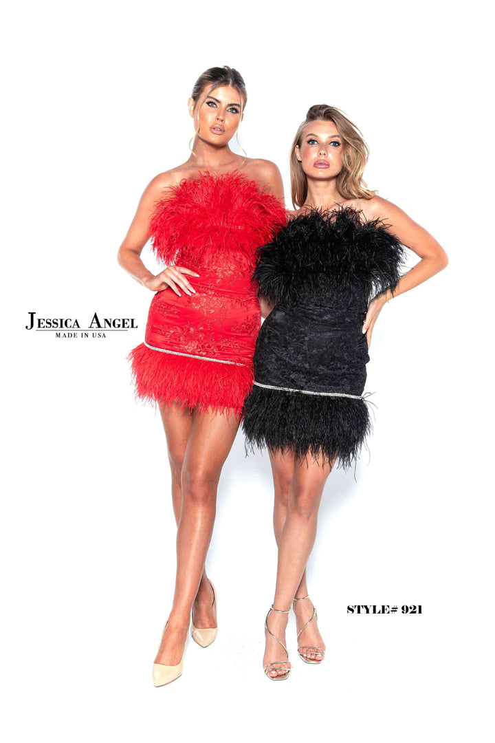 Jessica Angel 921 feather trim cocktail dress group front view