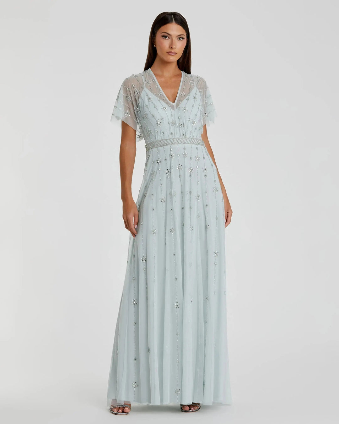 Mac Duggal 9223 V Neck Embellished Flutter Sleeve A-Line Gown