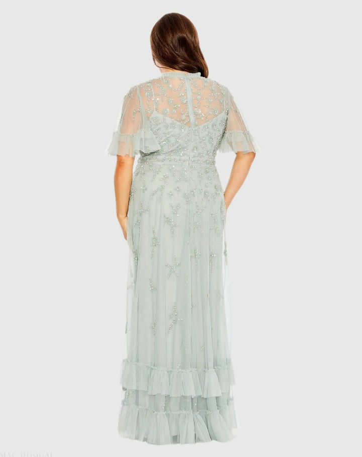 Mac Duggal 9227 Embellished Flutter Sleeve Ruffle Tiered Gown