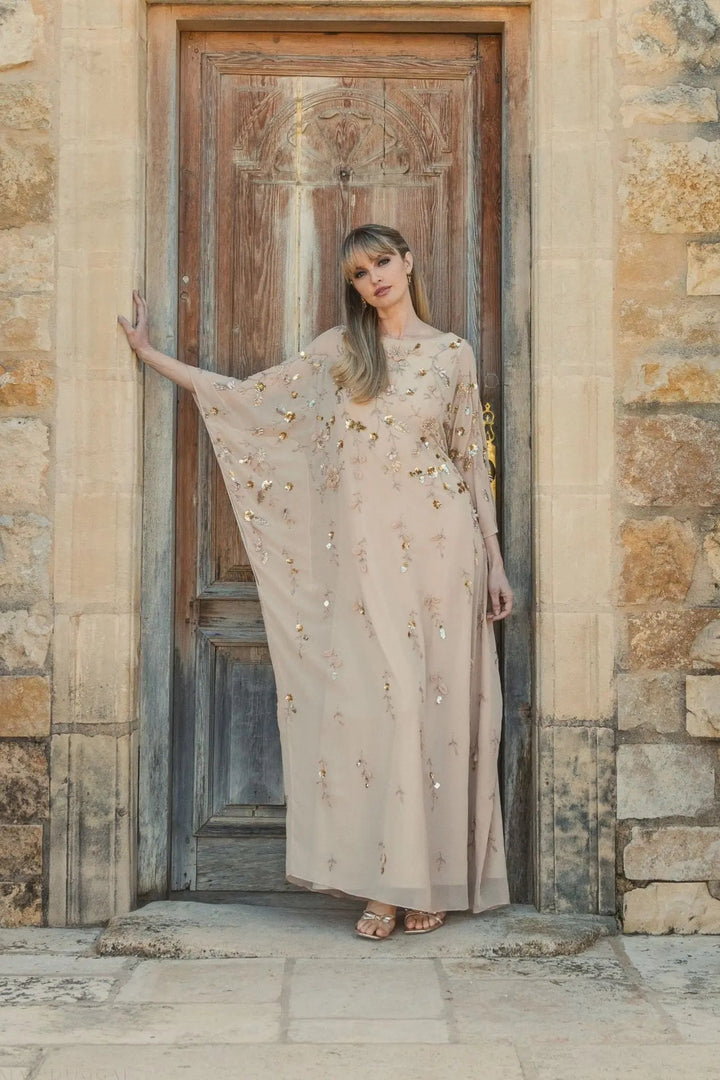 Beige Floral Embellished Kaftan Gown - FOSTANI.com