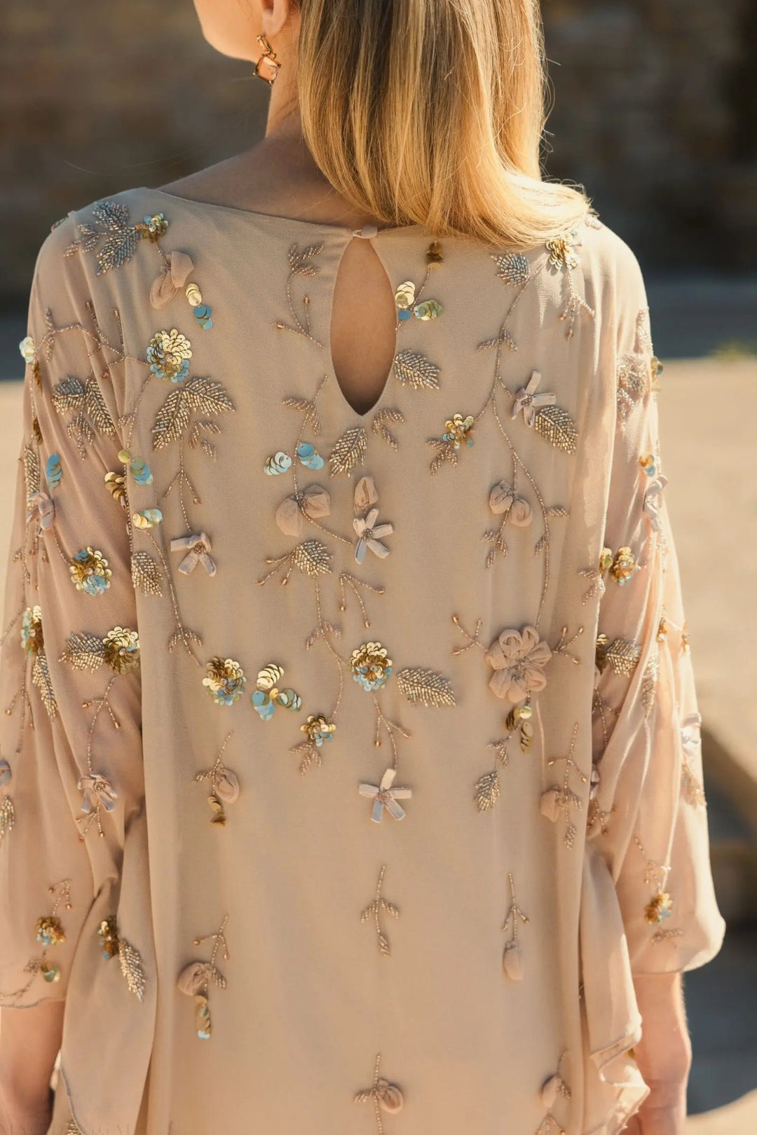 Beige Floral Embellished Kaftan Gown - FOSTANI.com