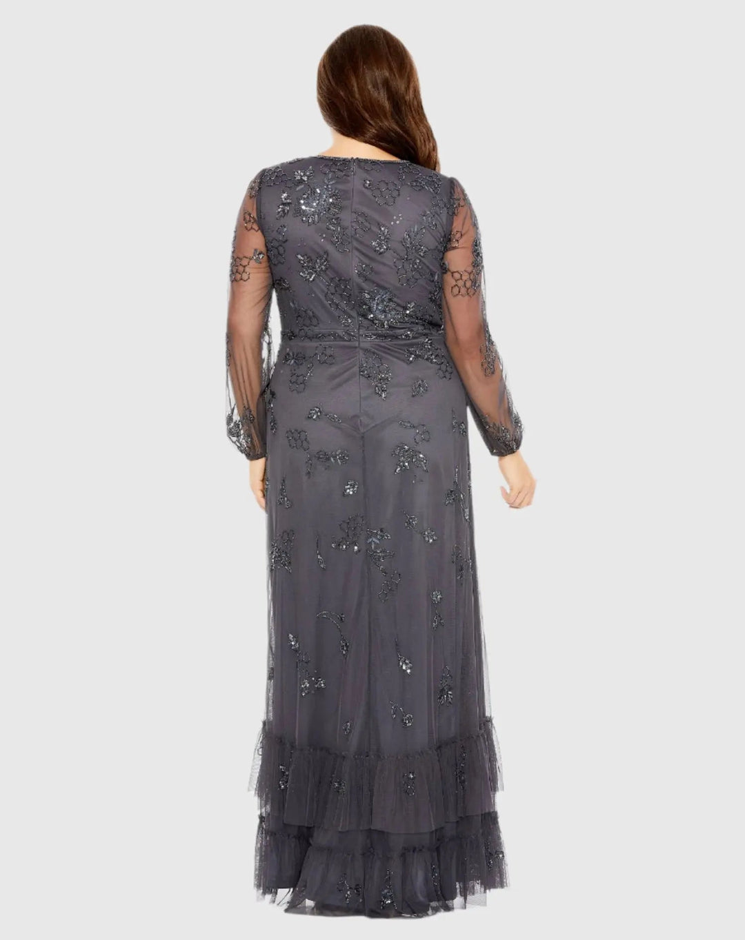Mac Duggal 9247 Gray Long Sleeve Embellished V-Neck Gown (Plus)