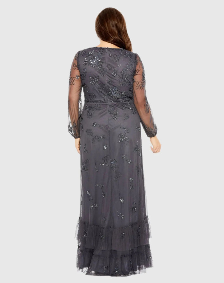 Mac Duggal 9247 Gray Long Sleeve Embellished V-Neck Gown (Plus)