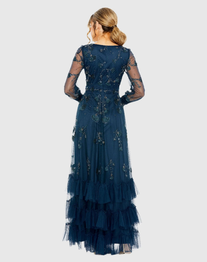 Mac Duggal 9256 Mesh Long Sleeve V-Neck Tiered A Line Gown