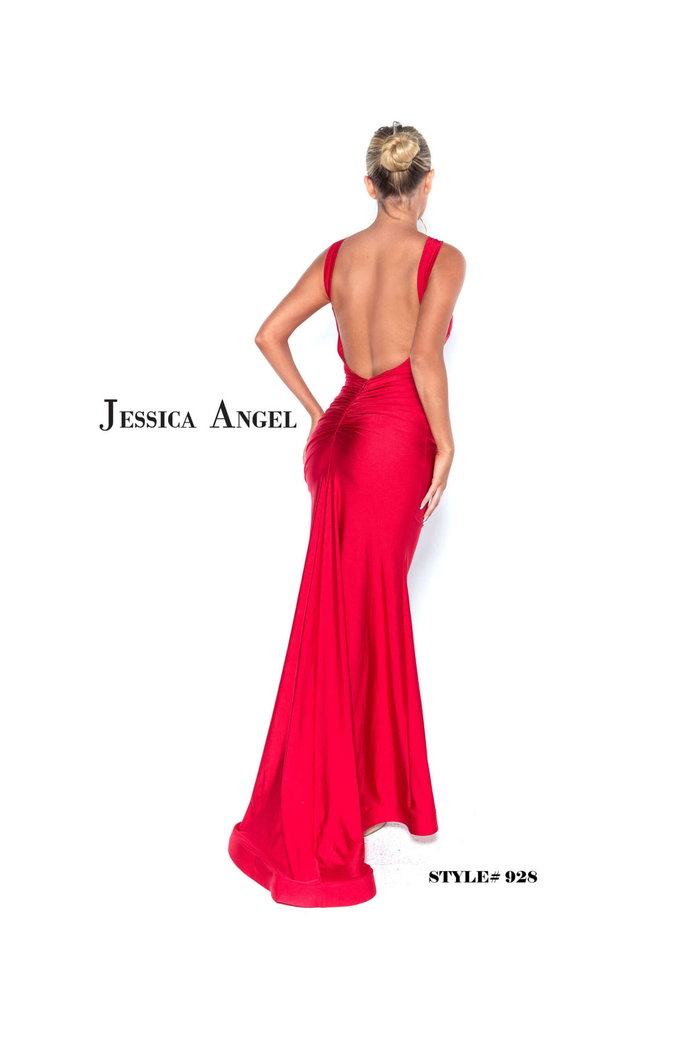 Jessica Angel 928 crisscross halter jersey gown with slit back view