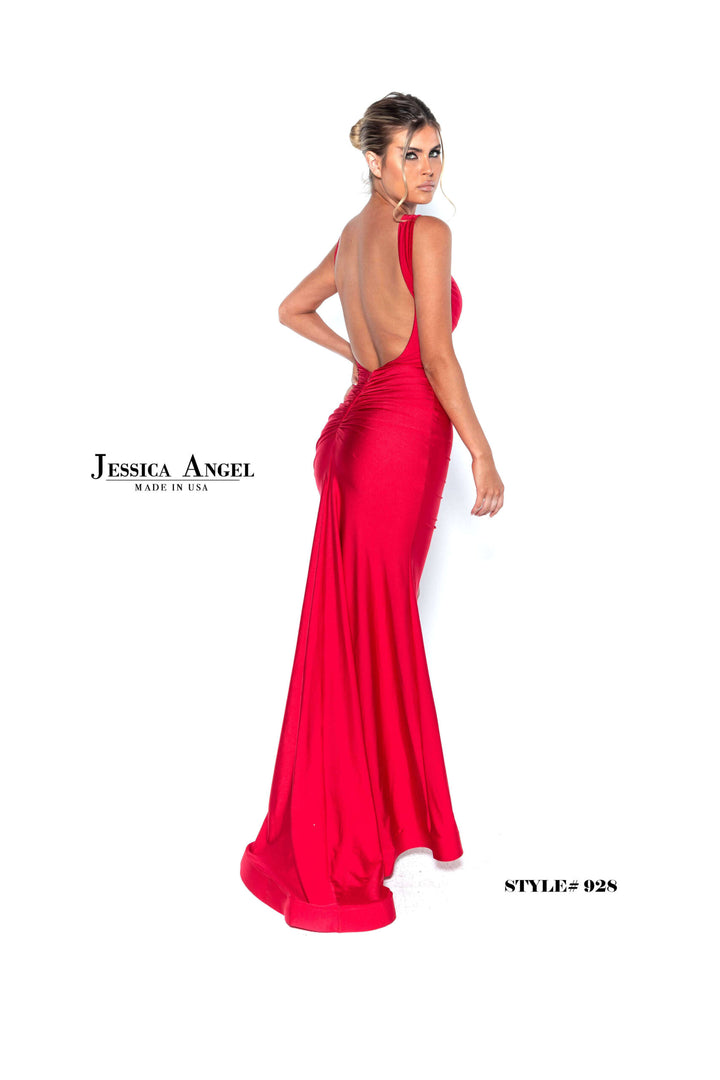 Jessica Angel 928 crisscross halter jersey gown with slit alternate view 2