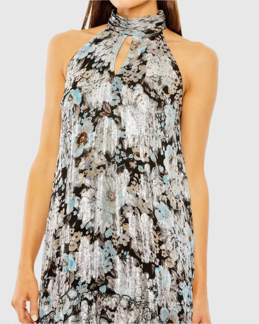 Mac Duggal 9314 Black Floral High Neck Keyhole Ruffle Mini Dress