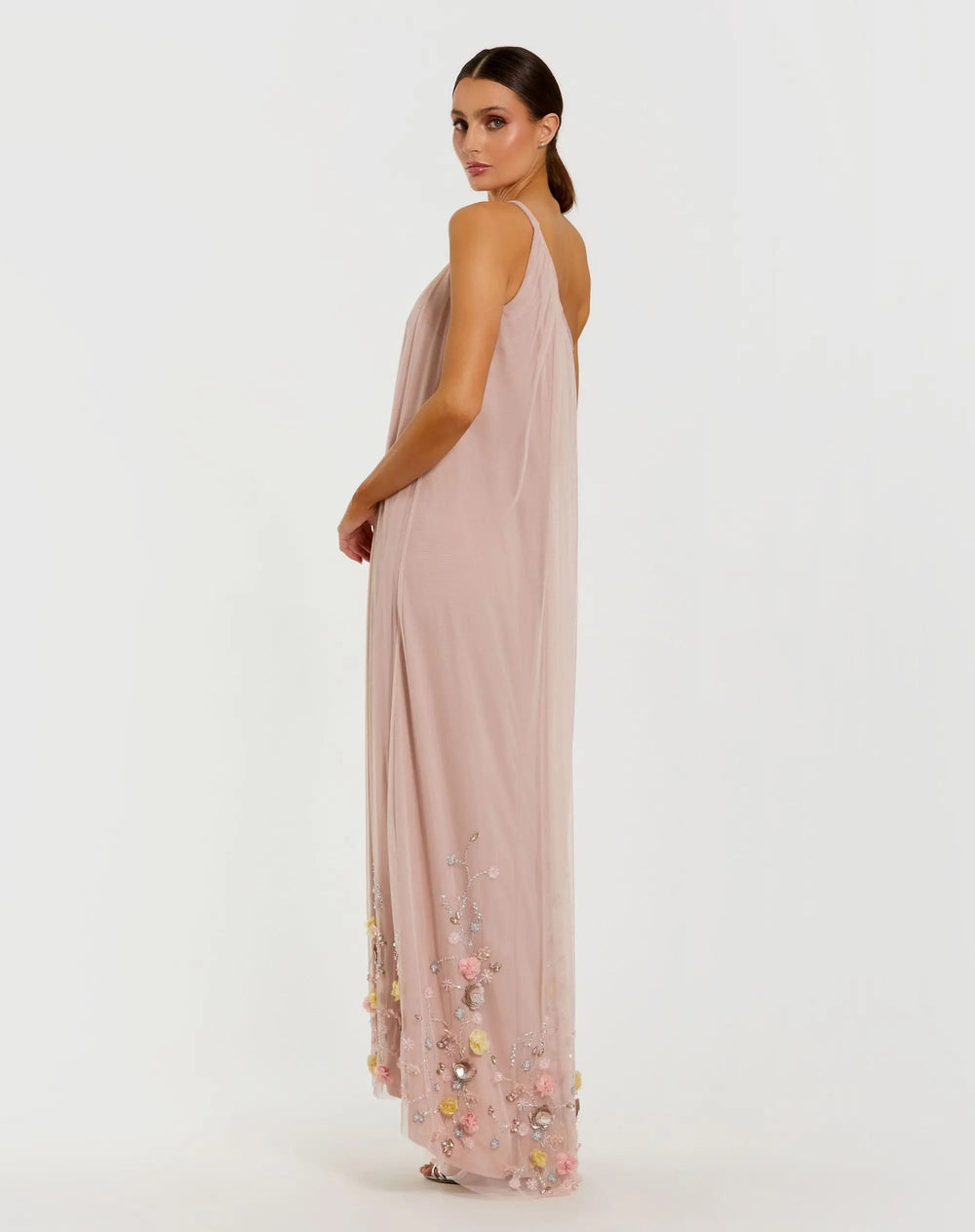 Pink One Shoulder High Low Embellished Trapeze Gown - FOSTANI.com