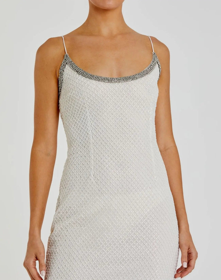 Mac Duggal 93551 White Beaded Spaghetti Strap Column Gown