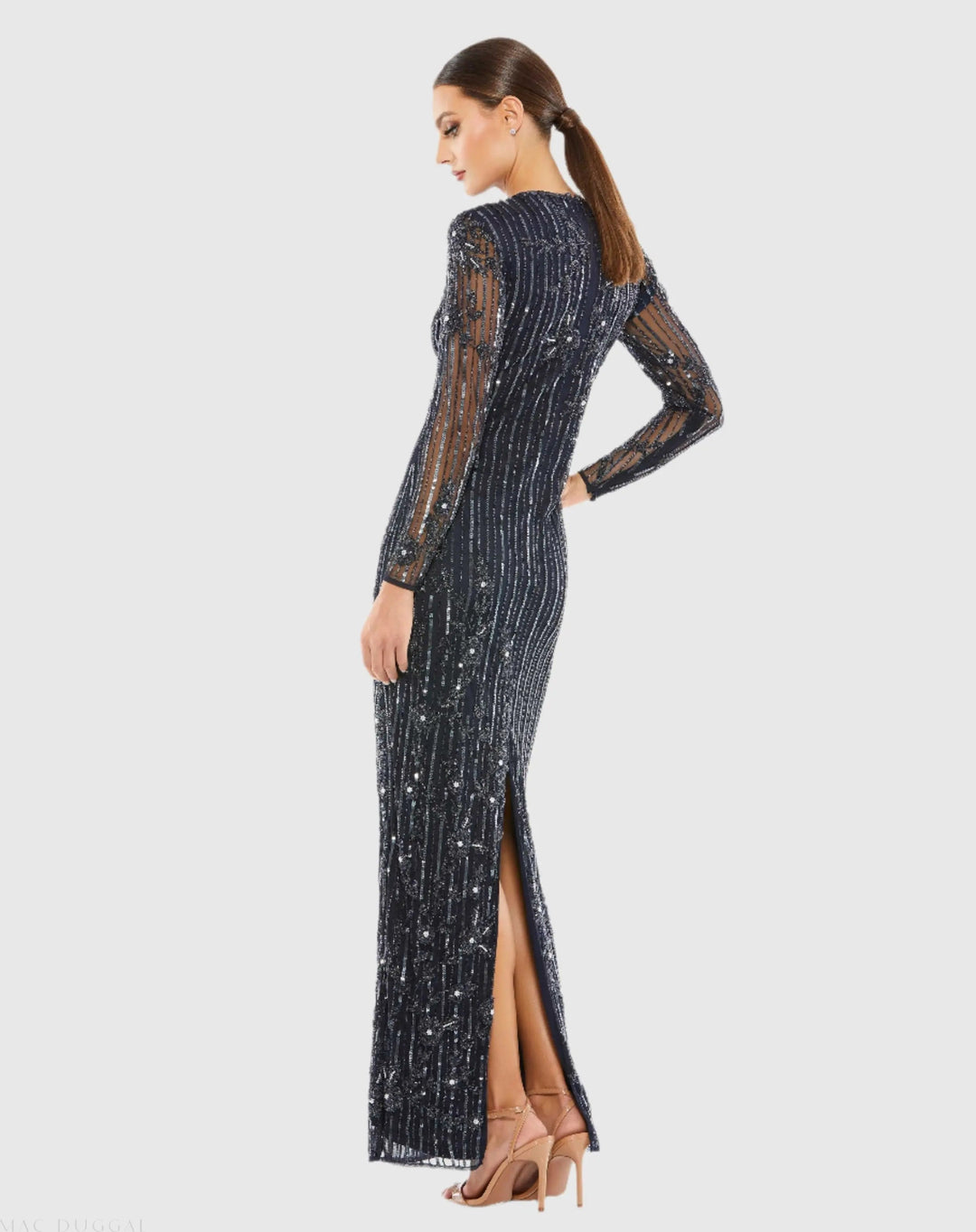 Mac Duggal 93626 Embellished High Neck Illusion Long Sleeve Gown