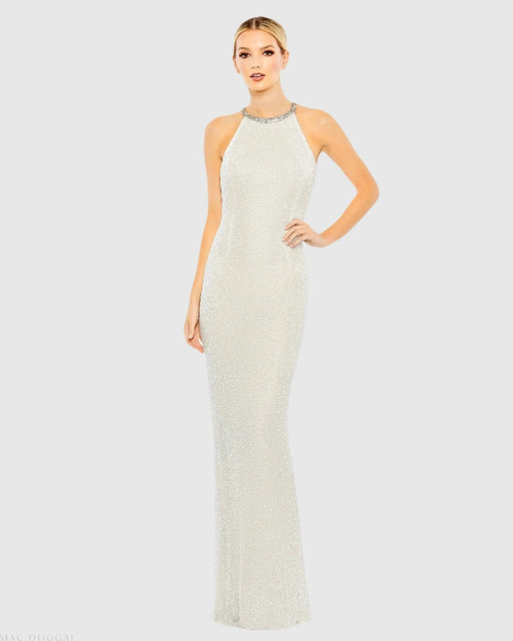 Mac Duggal 93742 Beaded Sleeveless High Neck Column Gown