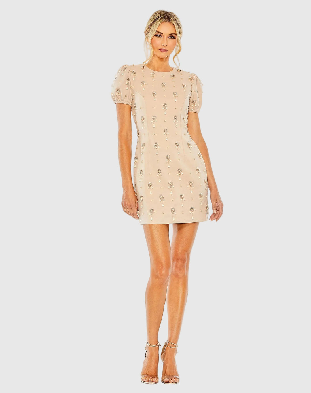 Mac Duggal 93836 Beige Crystal Embellished Short Sleeve Mini Dress