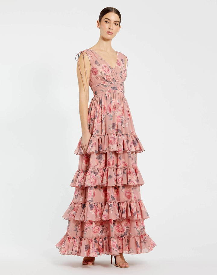 Mac Duggal 9386 Drawstring Shoulder Chiffon Tiered Floral Dress