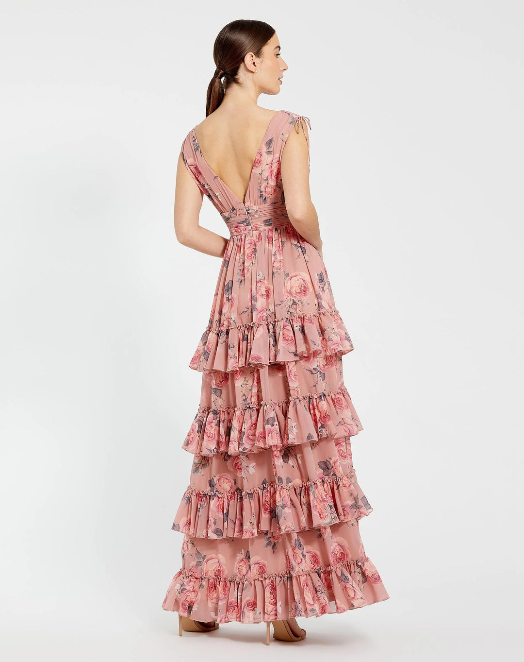 Mac Duggal 9386 Drawstring Shoulder Chiffon Tiered Floral Dress