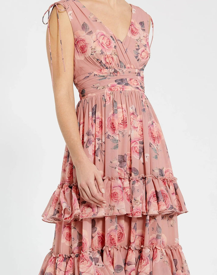 Mac Duggal 9386 Drawstring Shoulder Chiffon Tiered Floral Dress