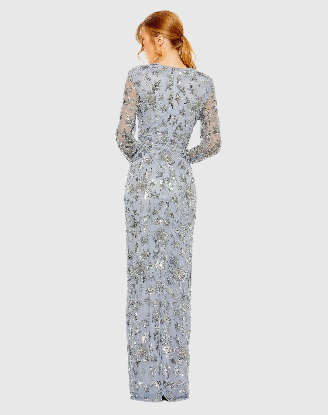 Mac Duggal 93939 Blue High Neck Long Sleeve Embellished Column Gown