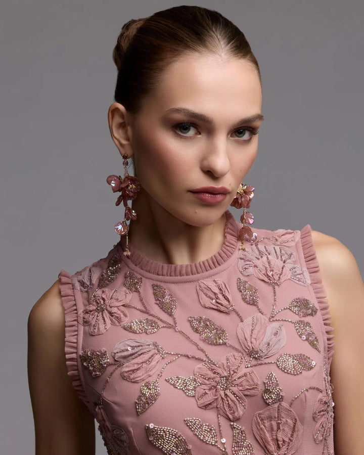 Pink High Neck Sleeveless Beaded Dress With Ruffled Hem - FOSTANI.com
