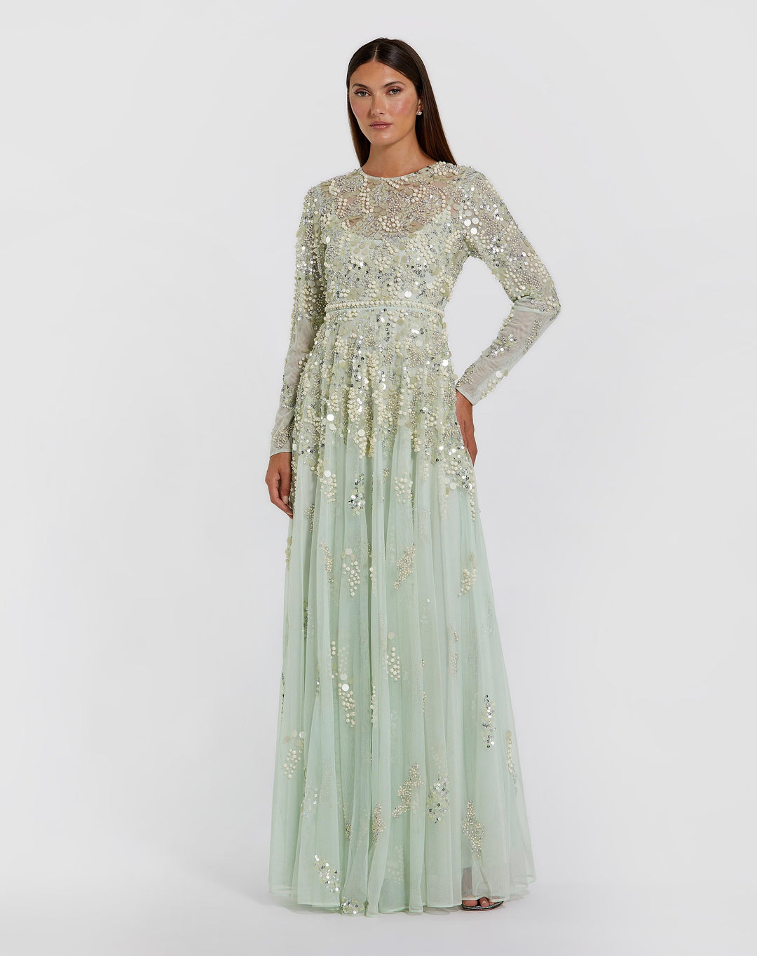 Green Long Sleeve Sequin Pearl Embellished Gown - FOSTANI.com