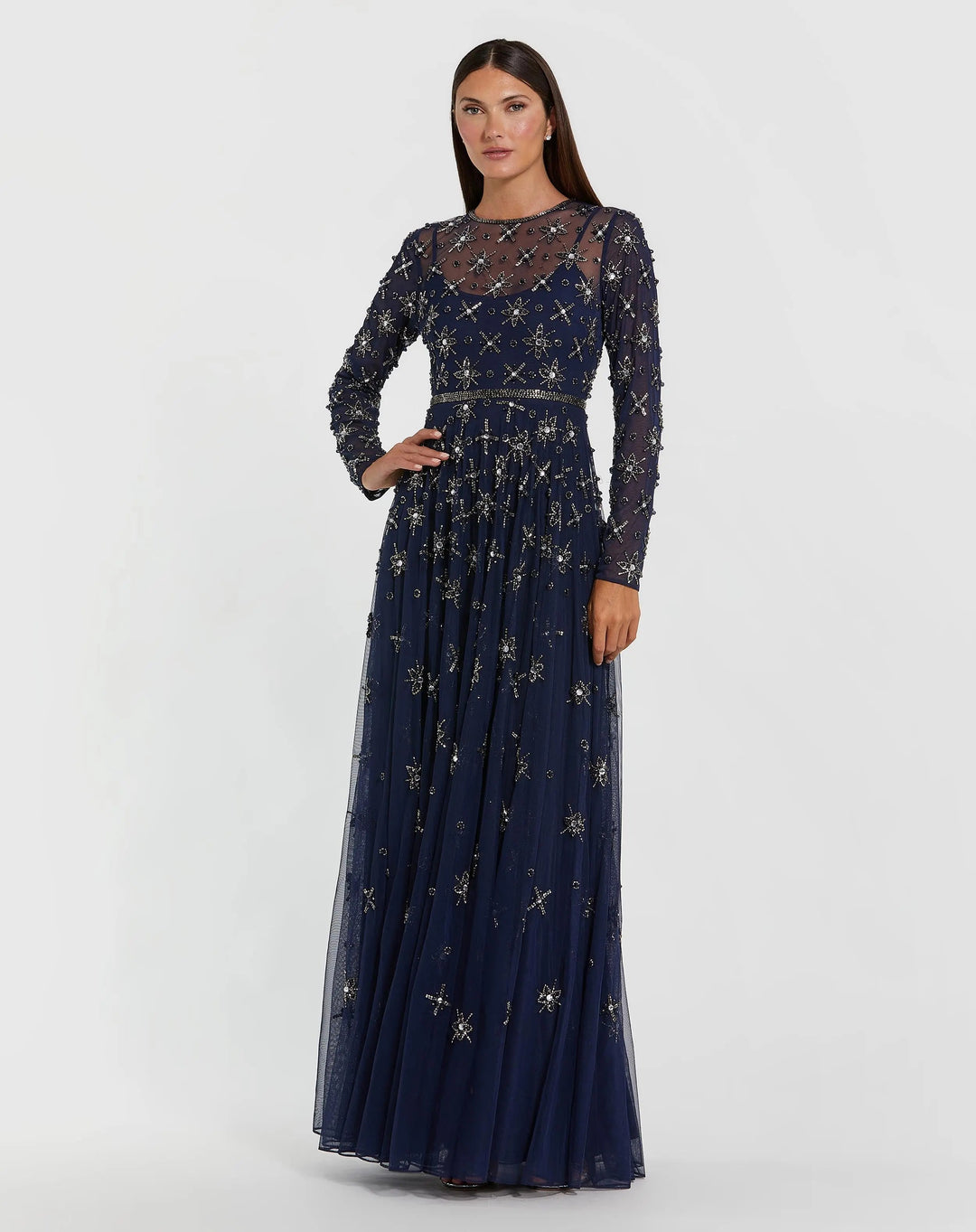Mac Duggal 94216 Navy Long Sleeve Crystal Embellished Evening Gown