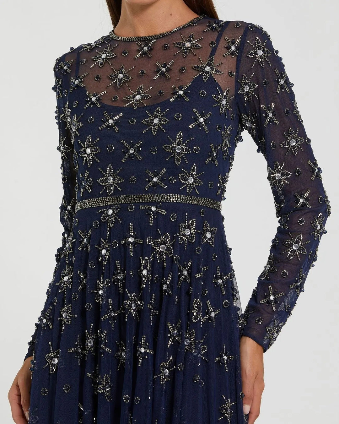 Mac Duggal 94216 Navy Long Sleeve Crystal Embellished Evening Gown