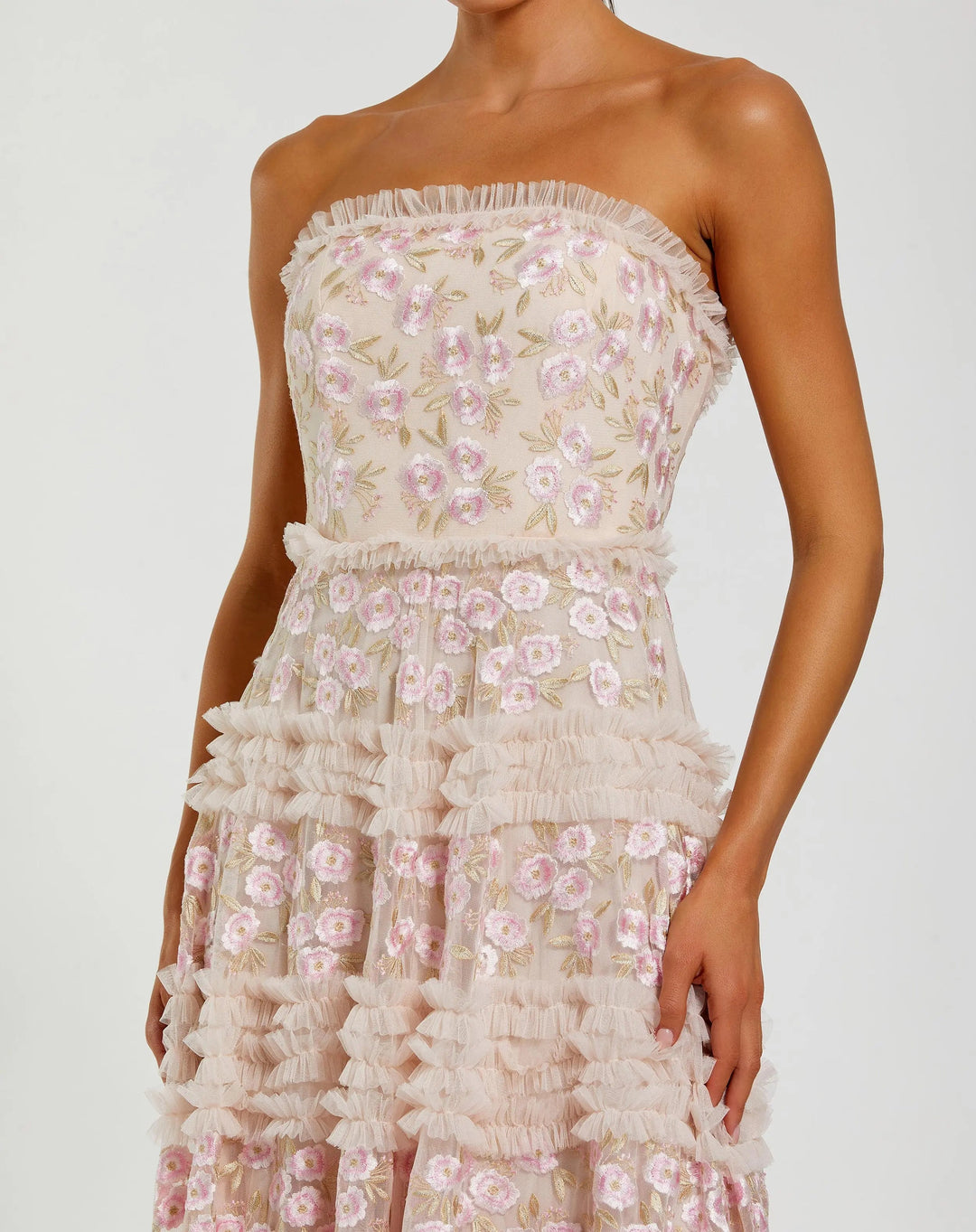 Pink Floral Embroidered Strapless Ruffle Maxi Dress - FOSTANI.com