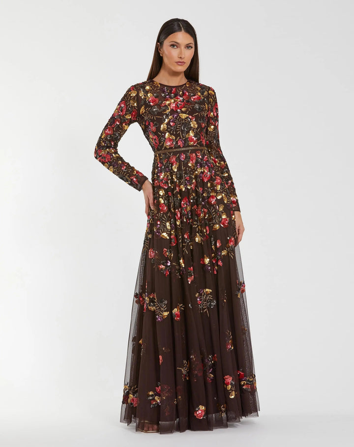 Mac Duggal 94275 Long Sleeve Floral Embellished Evening Gown