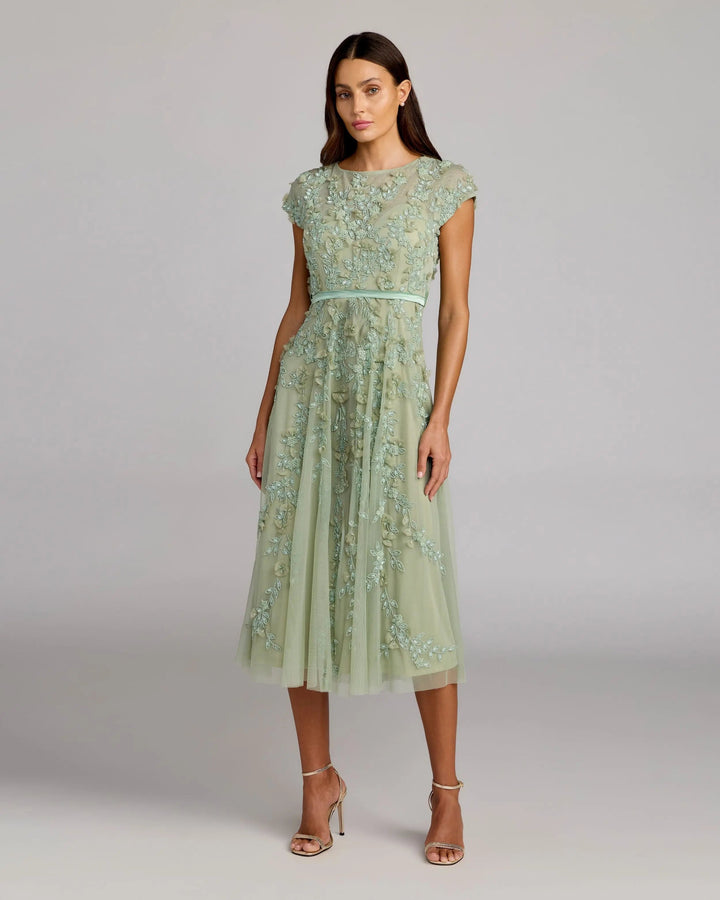 Green Floral Embellished Cap Sleeve Midi Dress - FOSTANI.com
