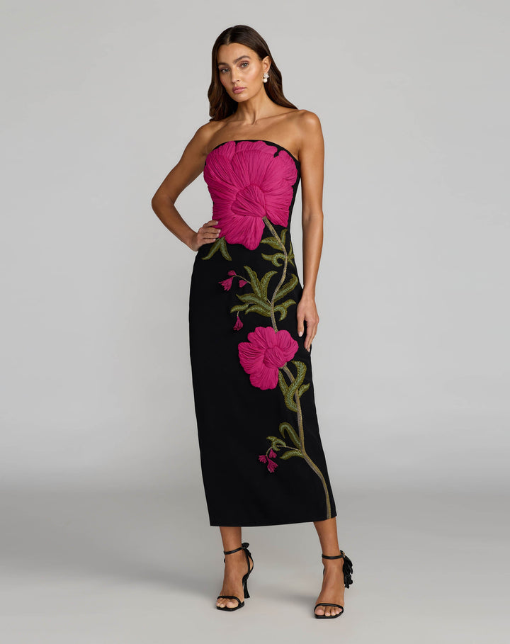 Mac Duggal 94359 Black Strapless Floral Embroidered Midi Dress - FOSTANI.com