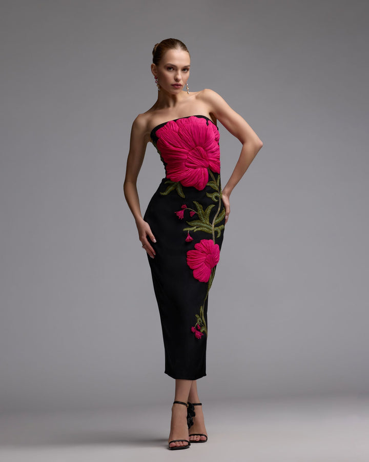 Mac Duggal 94359 Black Strapless Floral Embroidered Midi Dress - FOSTANI.com