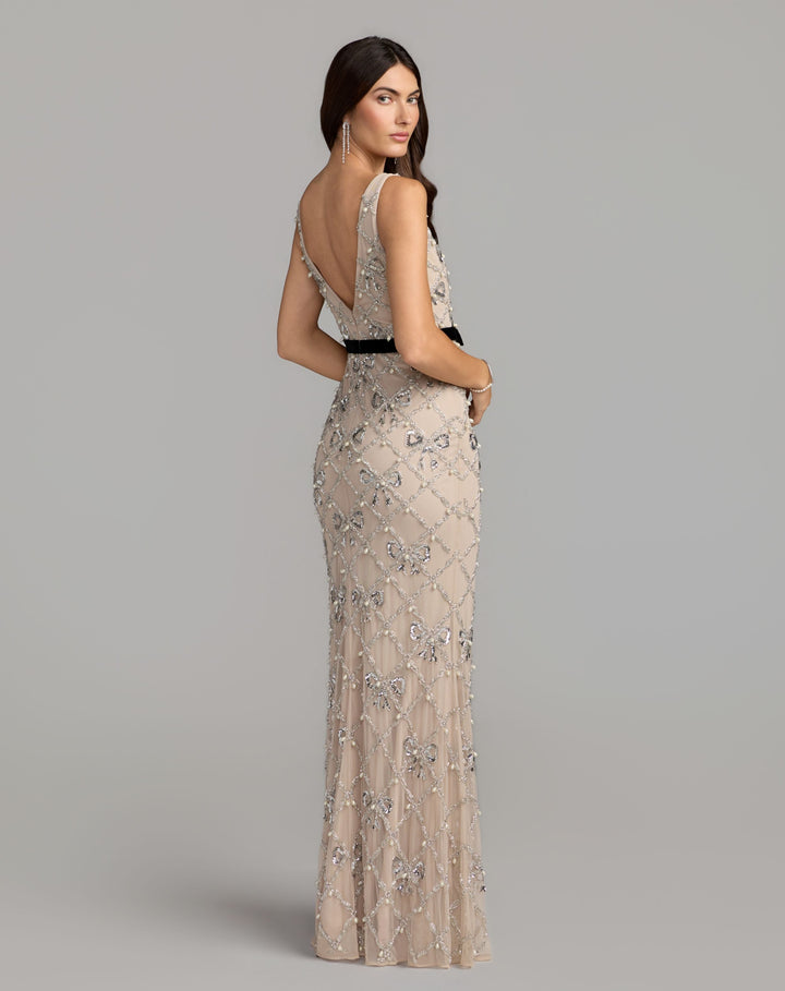 Mac Duggal 94390 Beaded Bow Sleeveless V-Neck Gown