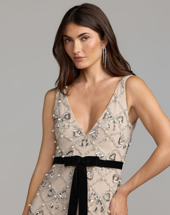 Mac Duggal 94390 Beaded Bow Sleeveless V-Neck Gown