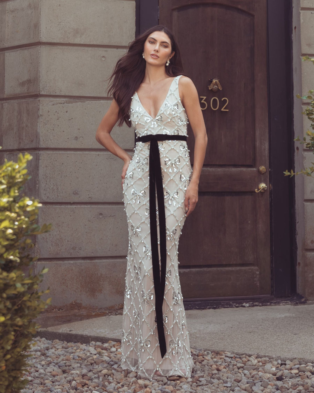 Mac Duggal 94390 Beaded Bow Sleeveless V-Neck Gown
