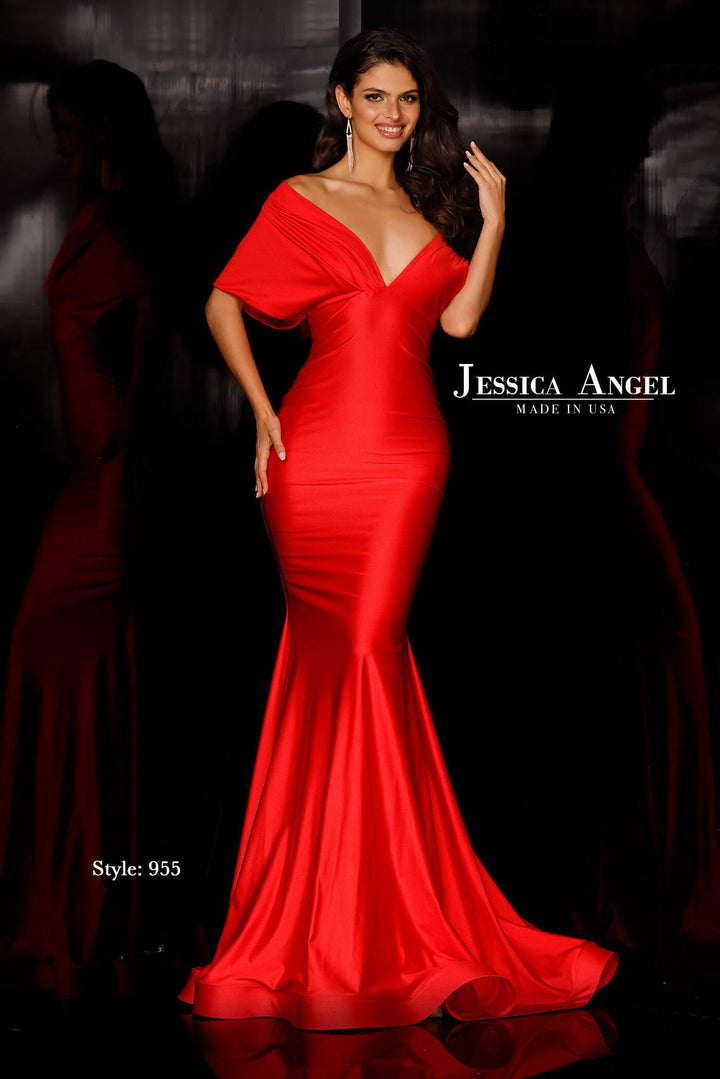Jessica Angel 955 off shoulder draped sleeve gown front view