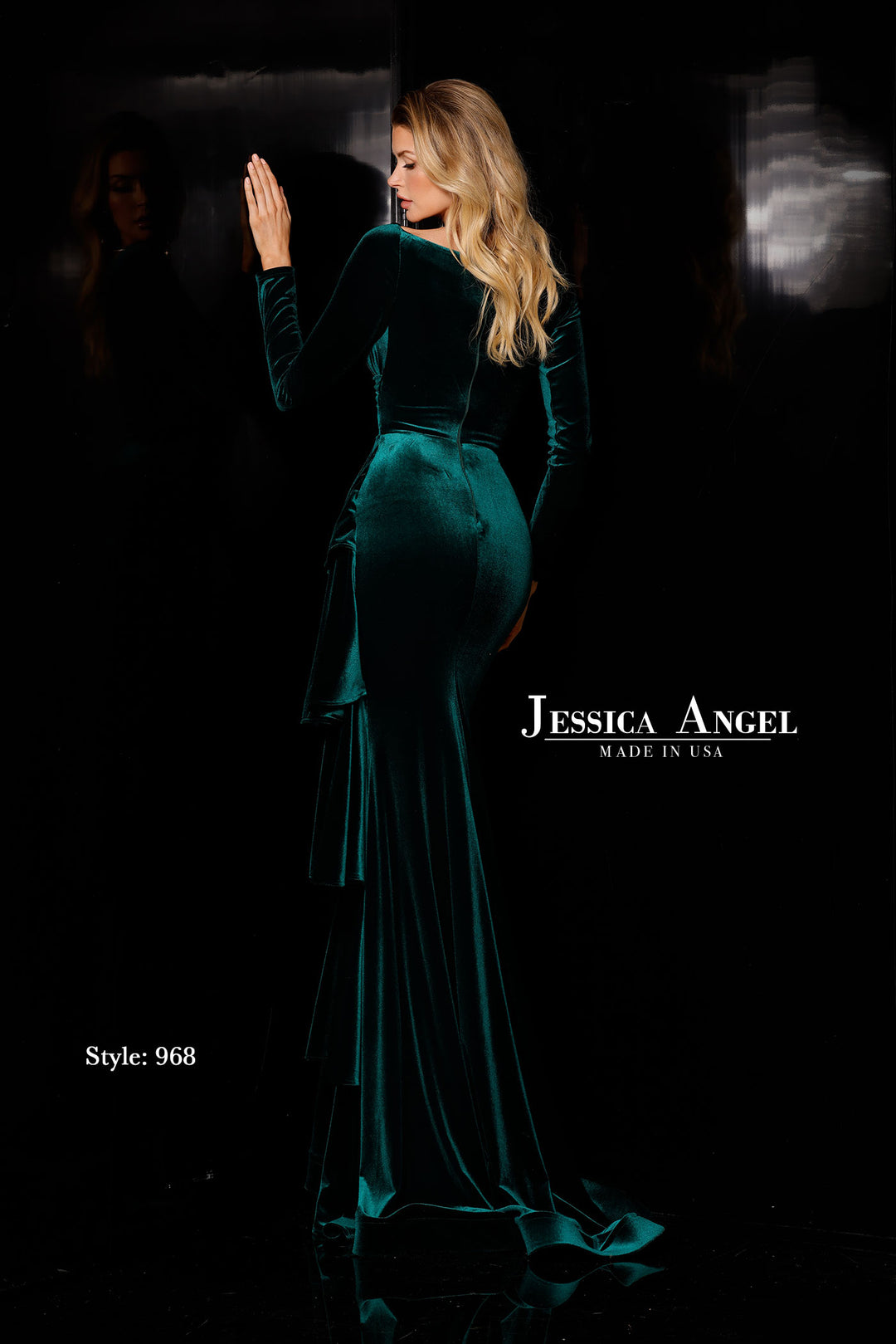 Jessica Angel 968 long sleeve velvet ruffle mermaid gown back view