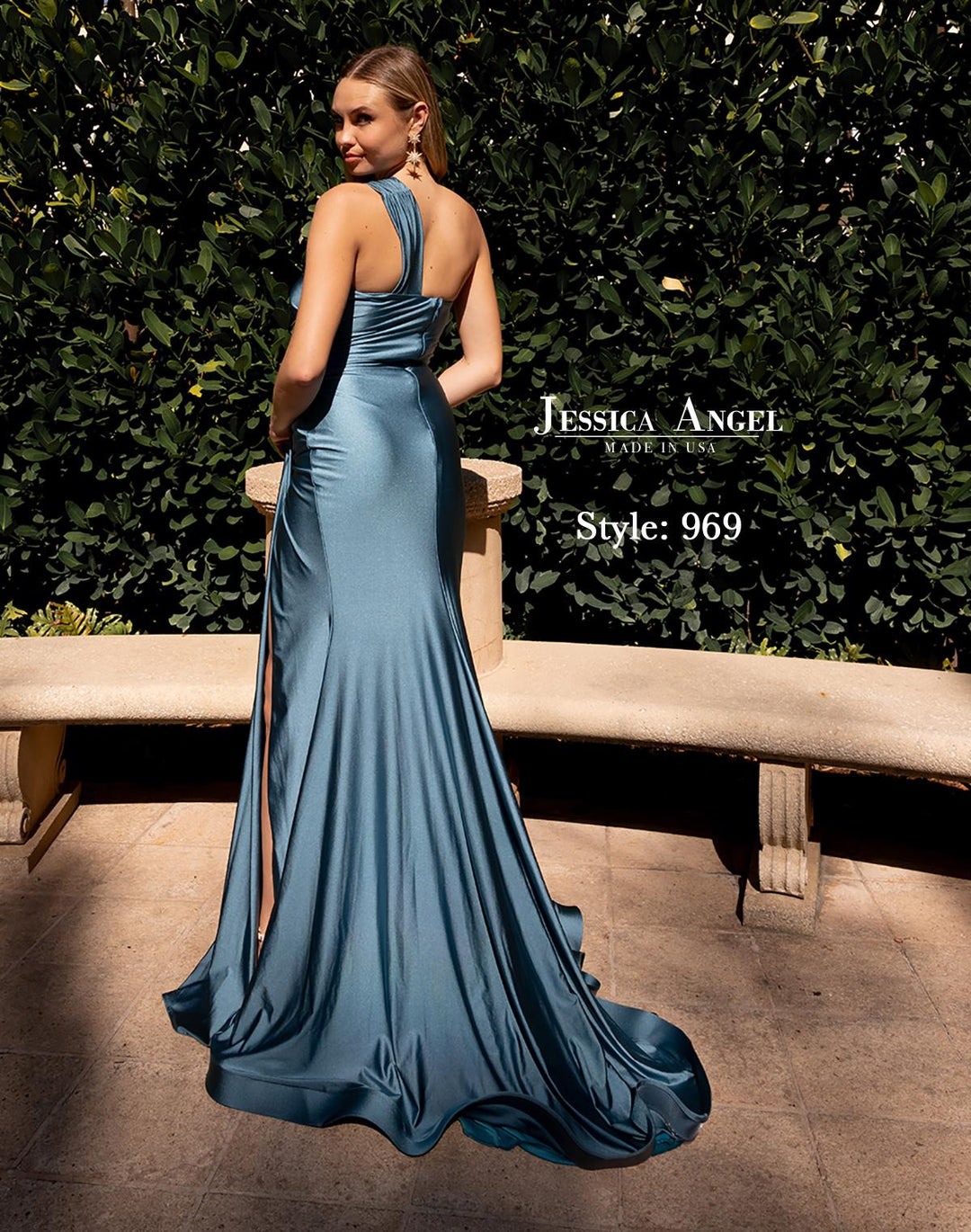 Jessica Angel 969 one shoulder ruched jersey gown with slit alternate view 3