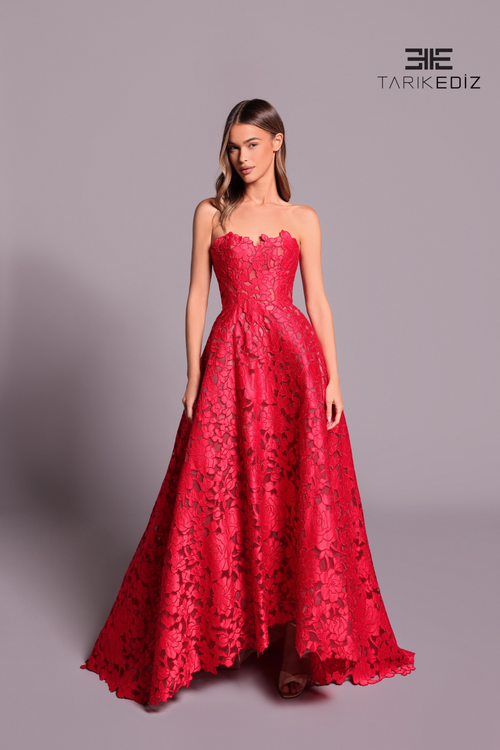 Tarik Ediz 99111 Strapless Scalloped High-Low Evening Gown