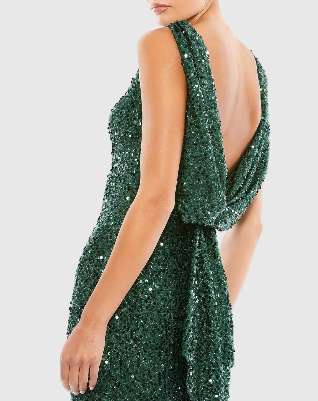 Mac Duggal 9926331P Petite Green Cowl Back Boat Neck Sequined Evening Gown - FOSTANI.com