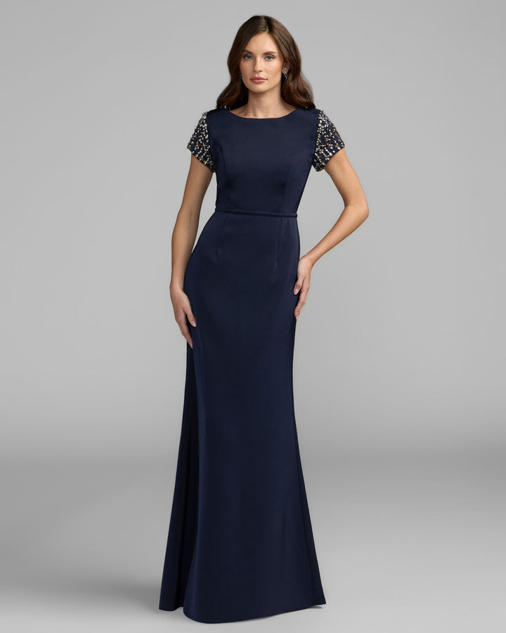 Mac Duggal 55718 Beaded Cap Sleeve Satin Column Gown