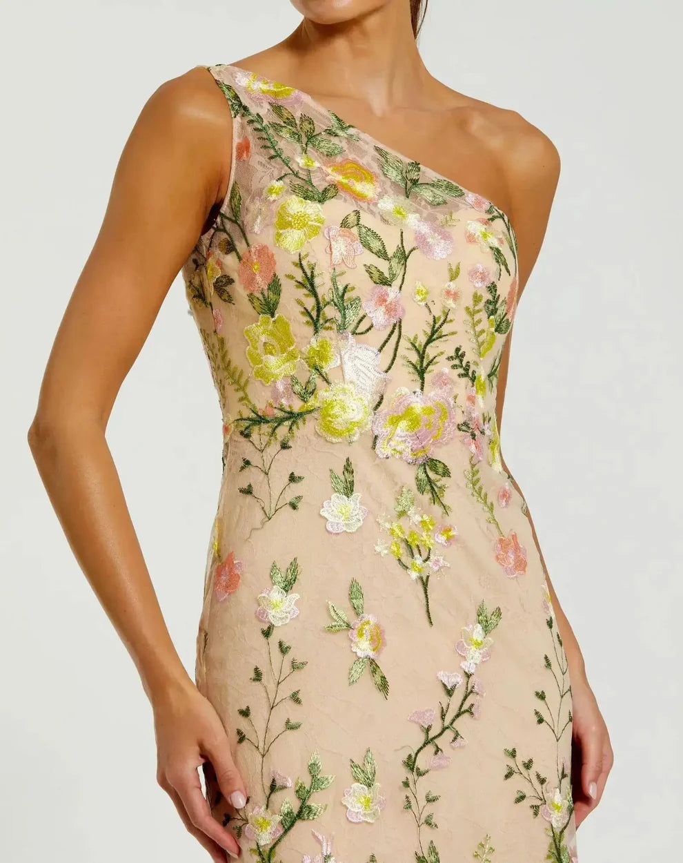 Mac Duggal 68606 Petite Green One Shoulder Floral Embroidered Gown