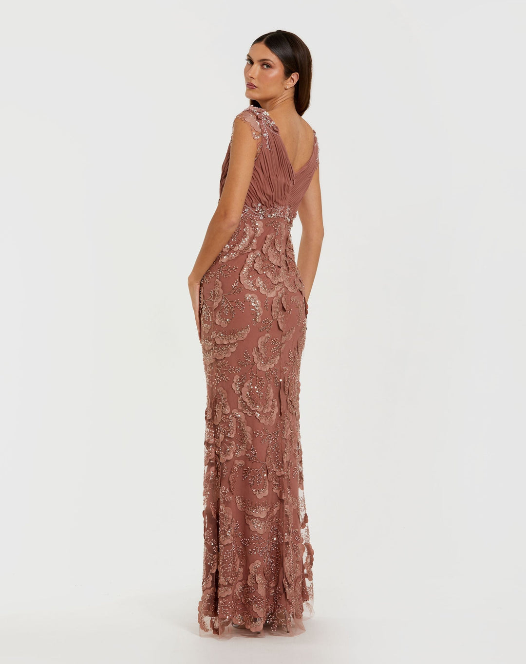 Mac Duggal 69022 Petite Pink Floral Beaded Chiffon V-Neck Evening Gown