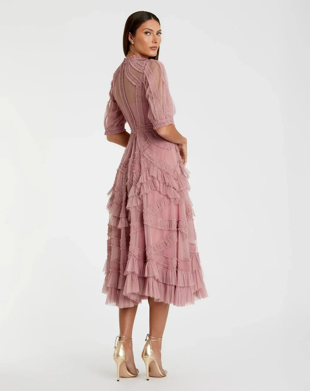Mac Duggal 8058 High Neck Ruffle Tiered A-Line Midi Dress