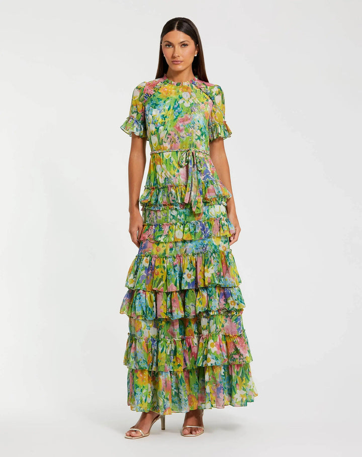 Petite Green Ruffle Tiered Chiffon Floral Dress - FOSTANI.com