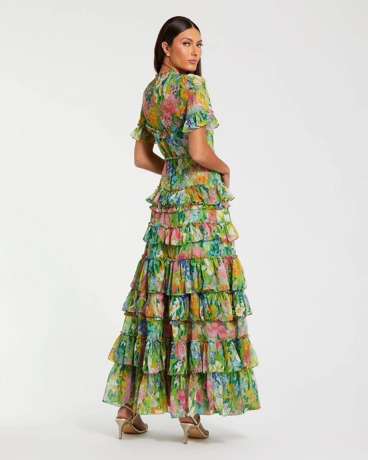 Petite Green Ruffle Tiered Chiffon Floral Dress - FOSTANI.com