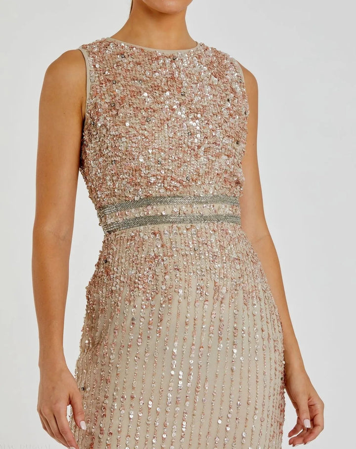 Mac Duggal A10509 Nude Sleeveless High Neck Beaded Midi Sheath Dress