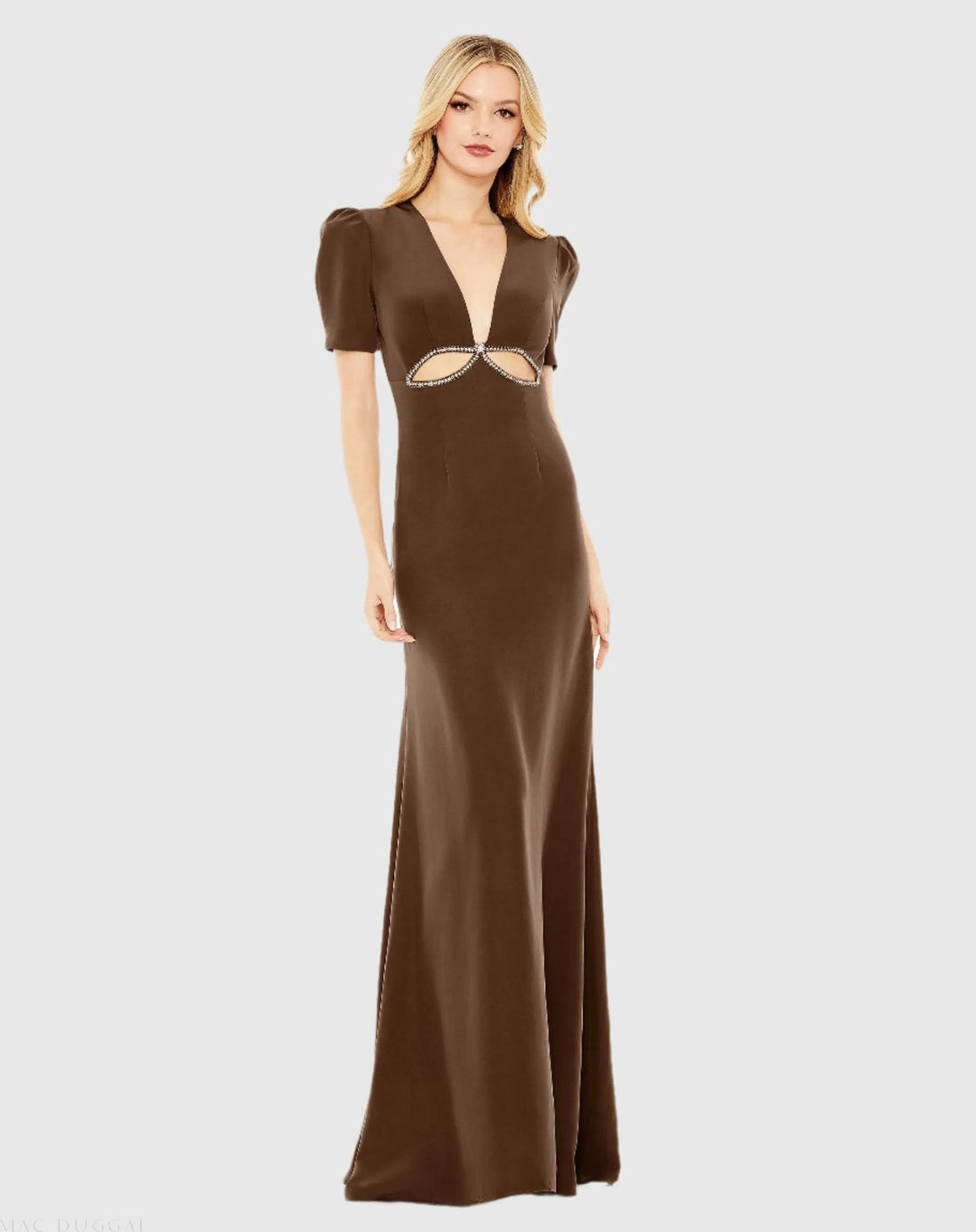Mac Duggal A2630 Plunge Neck Puff Sleeve Cut Out Gown