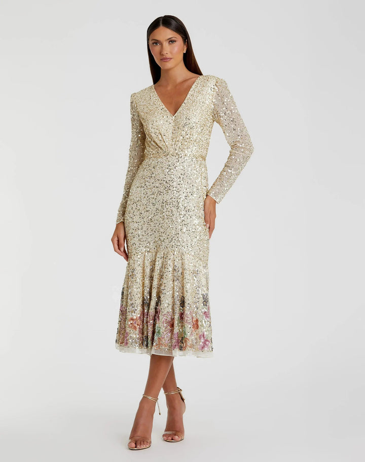 Mac Duggal A5589 Gold Multicolor Faux Wrap Long Sleeve Tea Length Dress - FINAL SALE